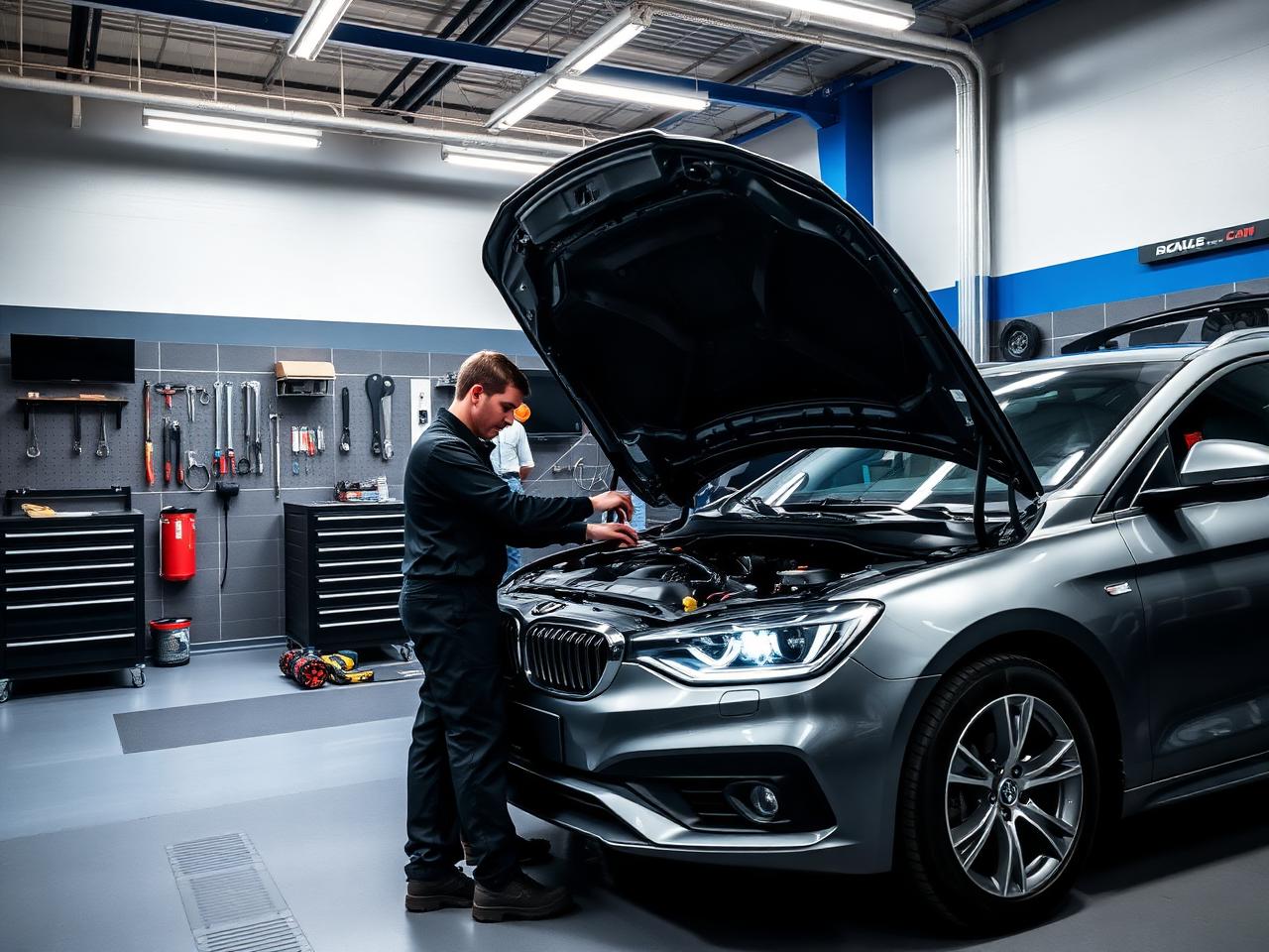 Kfz-Meister bei der Arbeit am Motorraum in der Werkstatt
